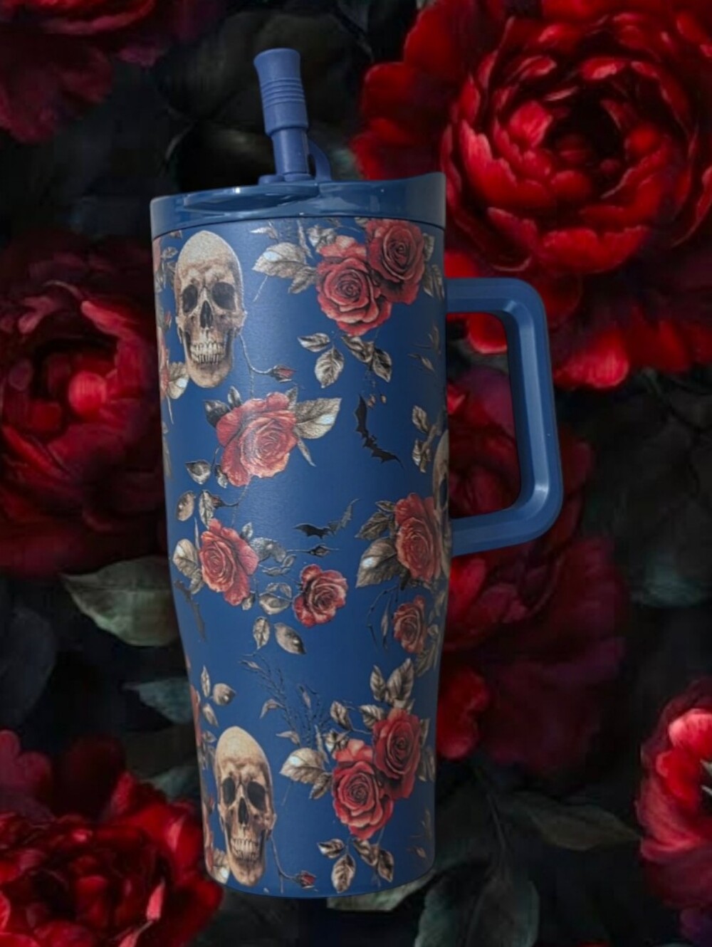 Wellness Blue Red Roses & Skull Insulated Travel Tumbler with Handle